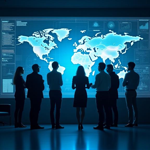 팀원들이 데이터가 보이는 대형 스크린 앞에서 회의하는 모습